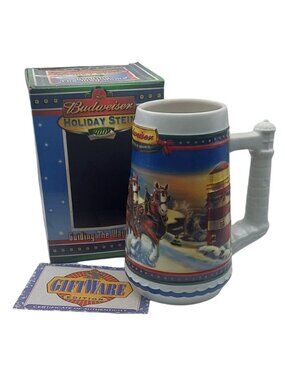 Budweiser Guiding the Way Home 2002 Holiday Stein Ceramic Clydesdales Lighthouse